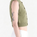Green top worn by a person, side view