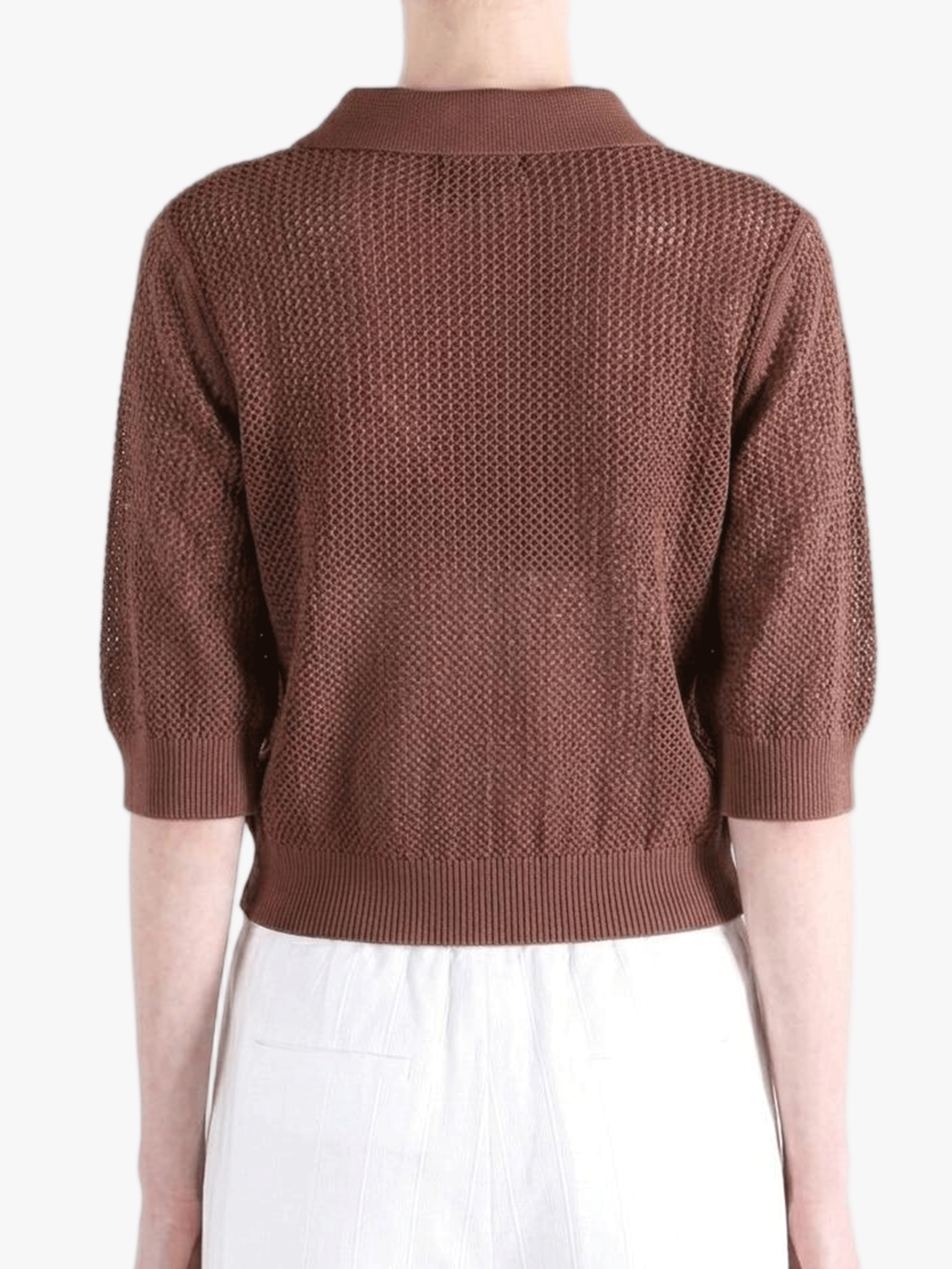 Brown shirt worn by a person, back view