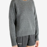 Grey knitwear worn by a person, showing the knitwear fit