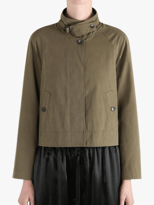 Tan jacket worn by a person, showing the jacket's fit