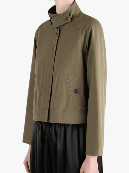 Tan jacket worn by a person, showing the jacket's fit