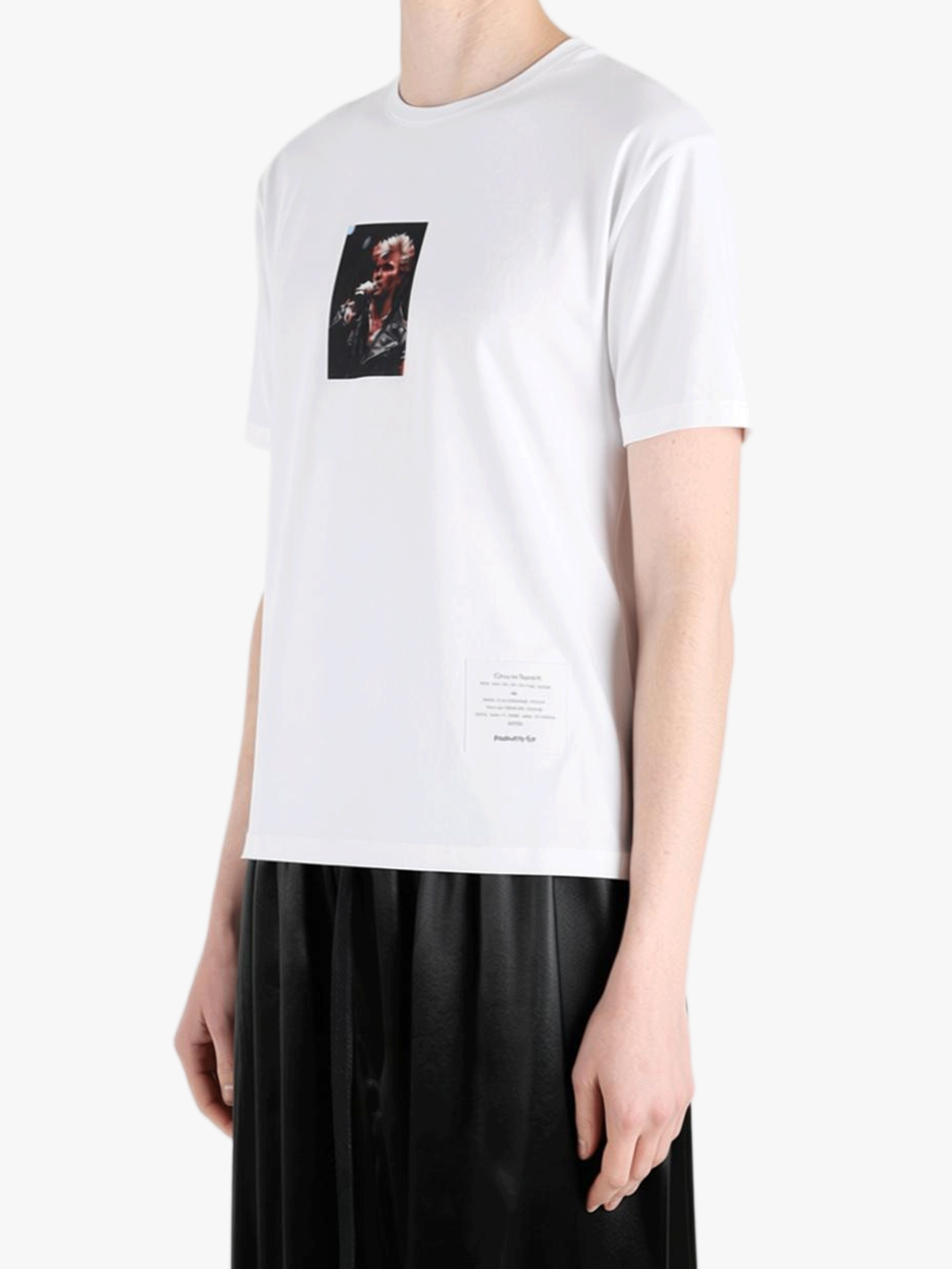 White t-shirt worn by a person, showing the t-shirt fit