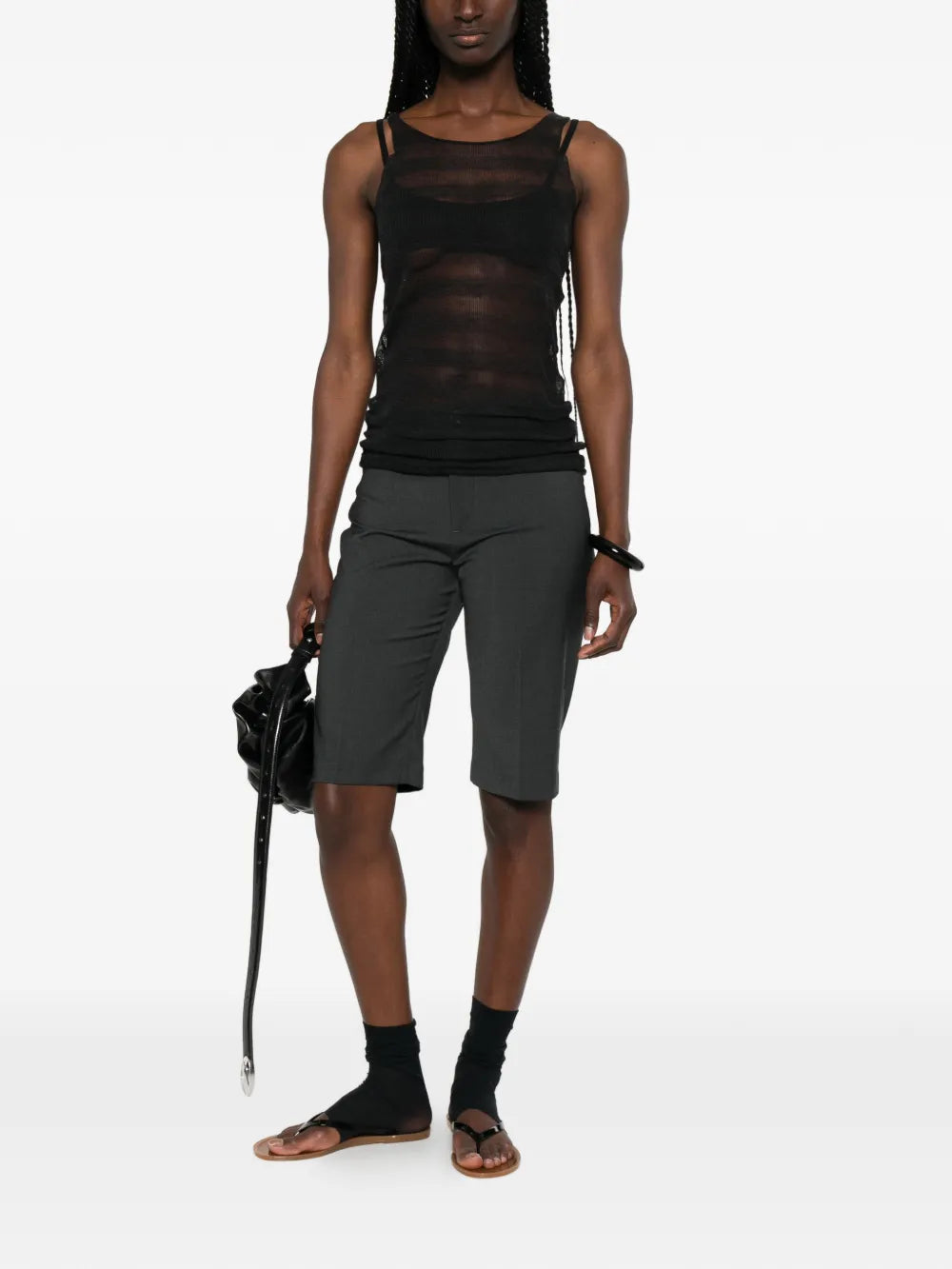 Grey shorts, full body view