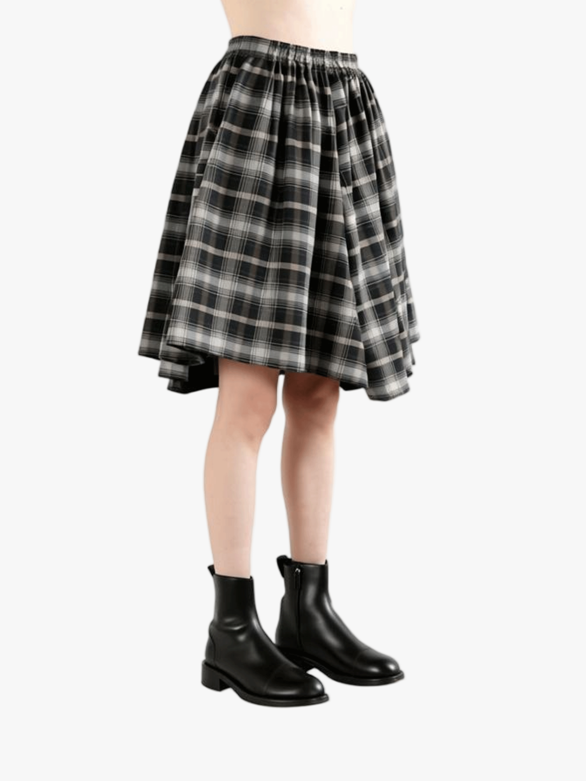 Black pants worn by a person, side view