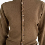 Close up of brown knitwear, showing texture of the wool fabric