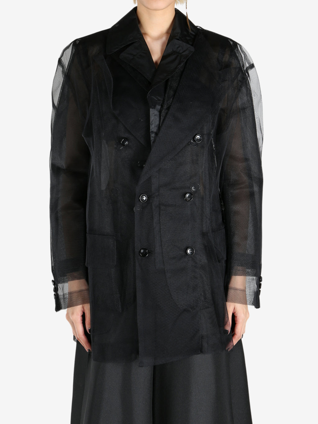 Black jackets worn by a person, showing the jackets fit