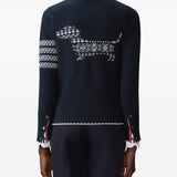 Navy cardigan worn by a person, showing the cardigan's fit