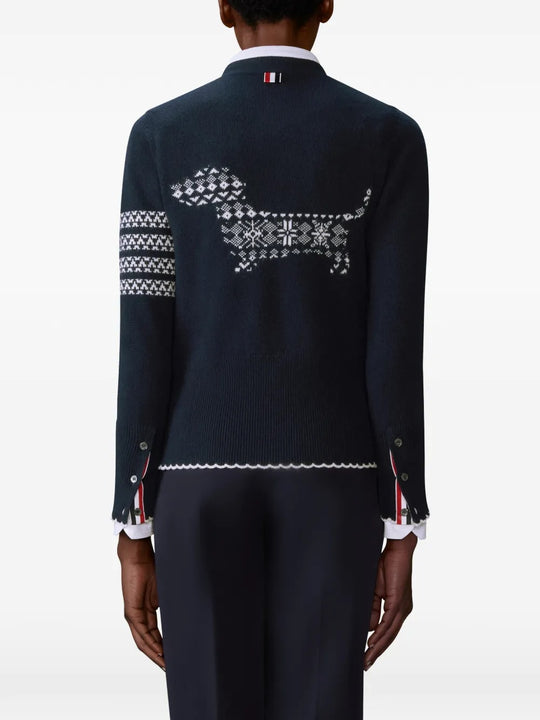 Navy cardigan worn by a person, showing the cardigan's fit