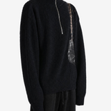 Black knitwear worn by a person, showing the knitwear fit