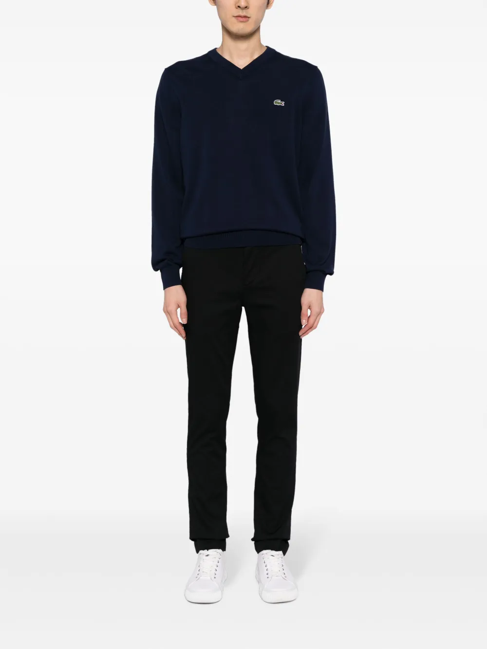 Navy sweater, full body view