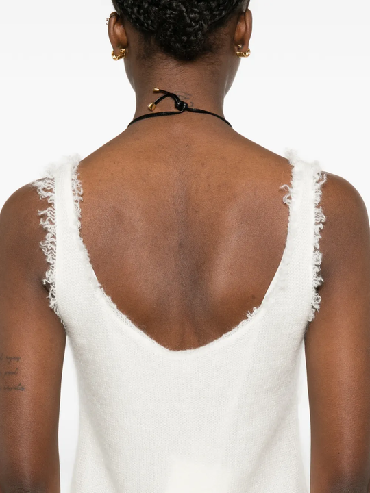 Close up of white tops, showing texture of the mohair fabric