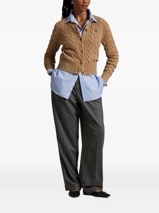 Brown cardigan, full body view