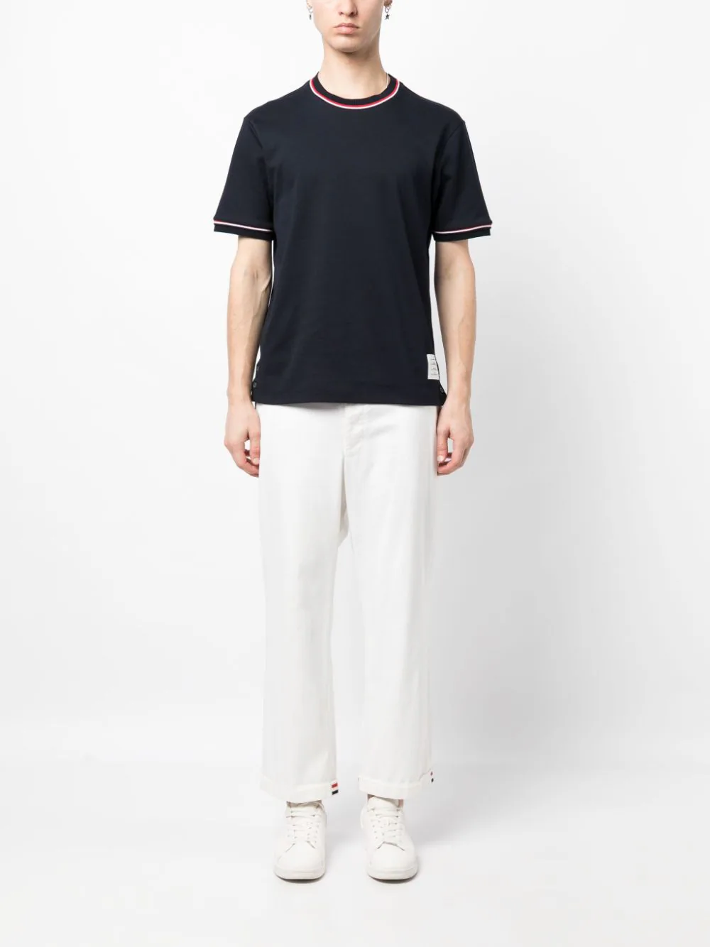 THOM BROWNE Men Short Sleeve Tee w/ RWB Stripe Trim in Cotton