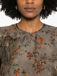 Close up of grey floral dress, showing texture of the cupro fabric