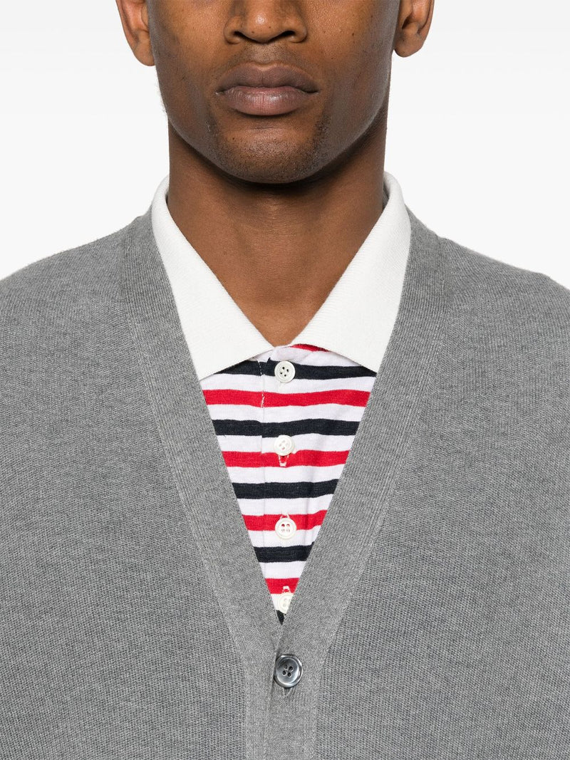 THOM BROWNE - Men Textured Cotton V Neck Cardigan