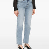 Blue jeans worn by a person, showing the jean's fit