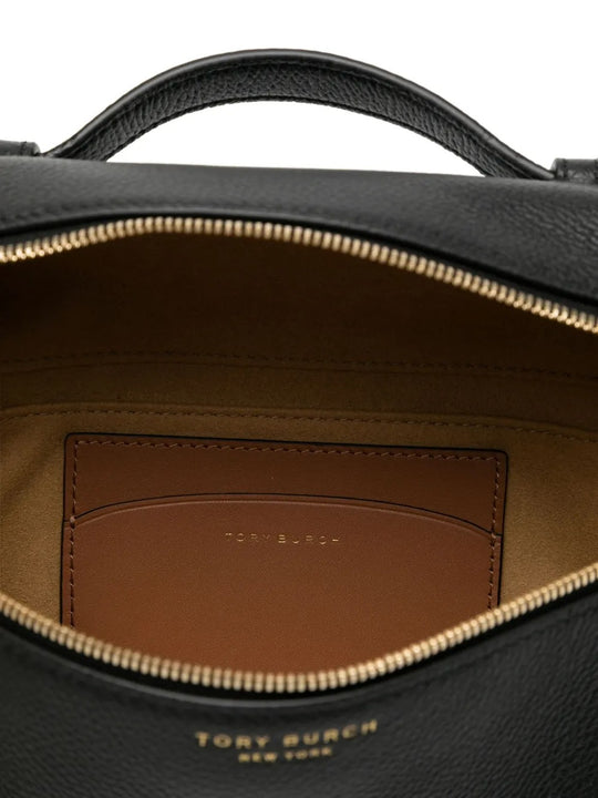Close up of black bag, showing texture of the leather fabric
