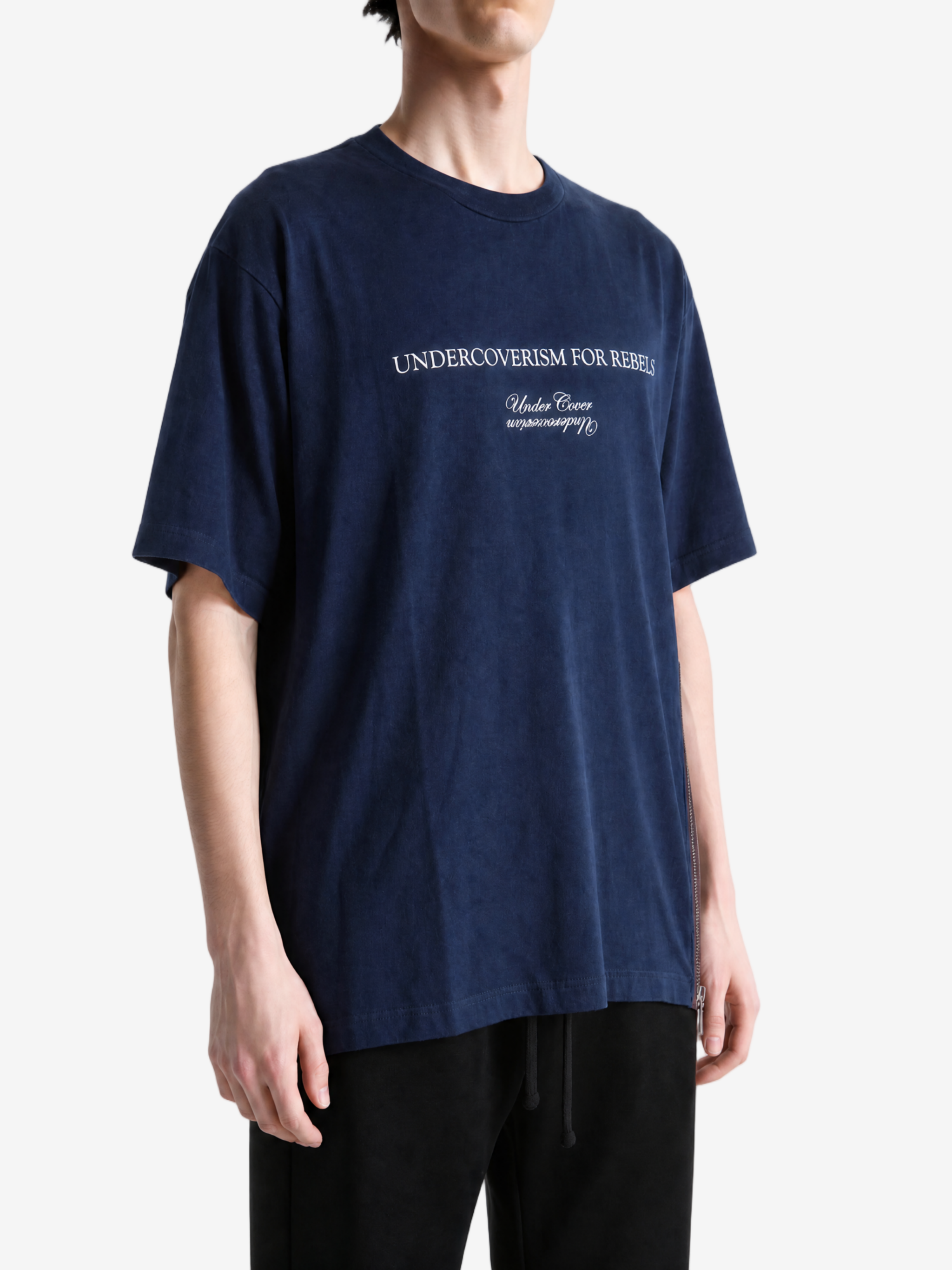 Navy t-shirt, full body view