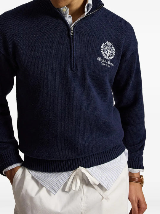 Navy hoodie worn by a person, showing the hoodie fit