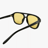Close up of black sunglasses, showing texture of the Acetate fabric