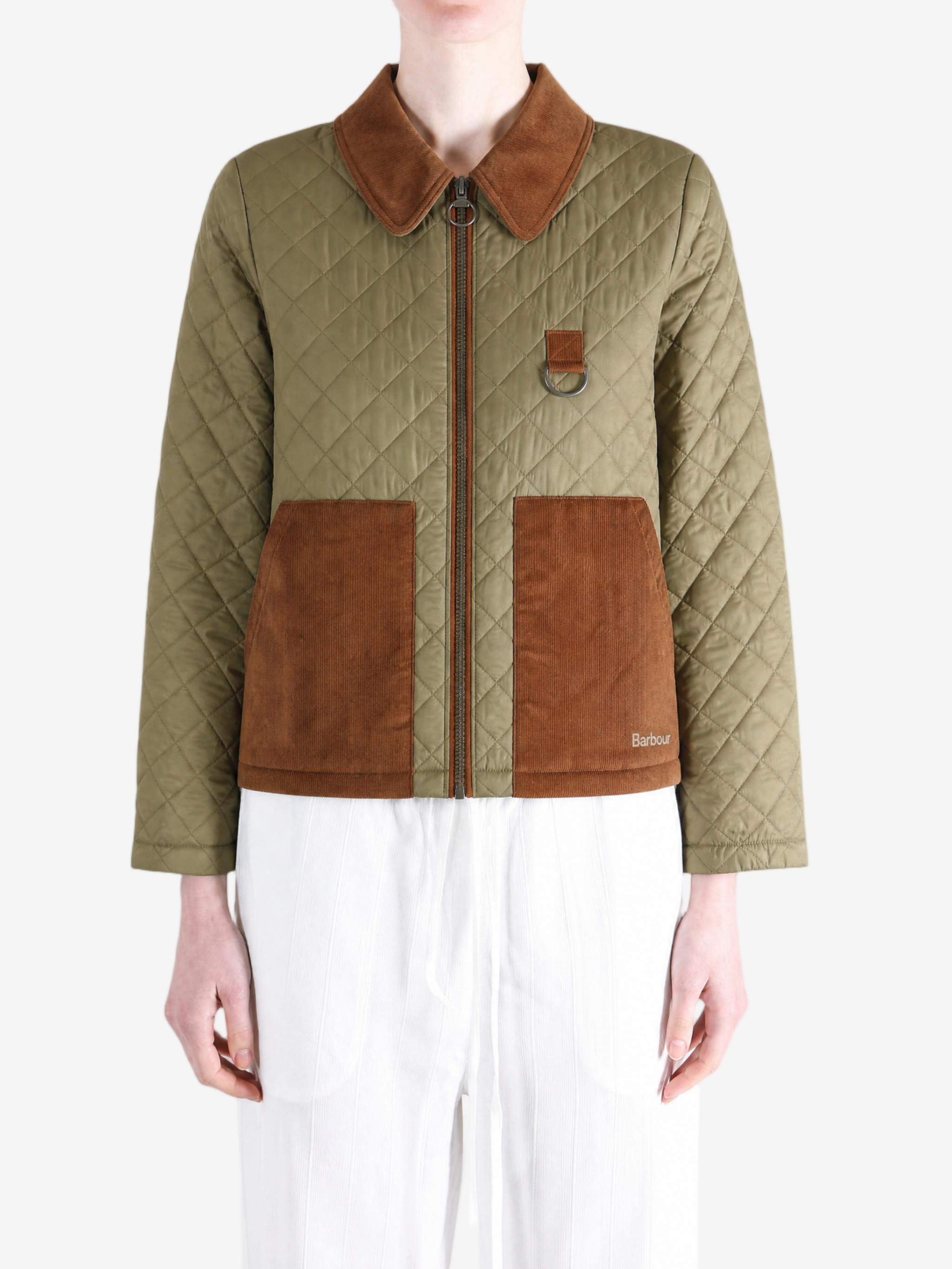Green jacket worn by a person, showing the jacket fit