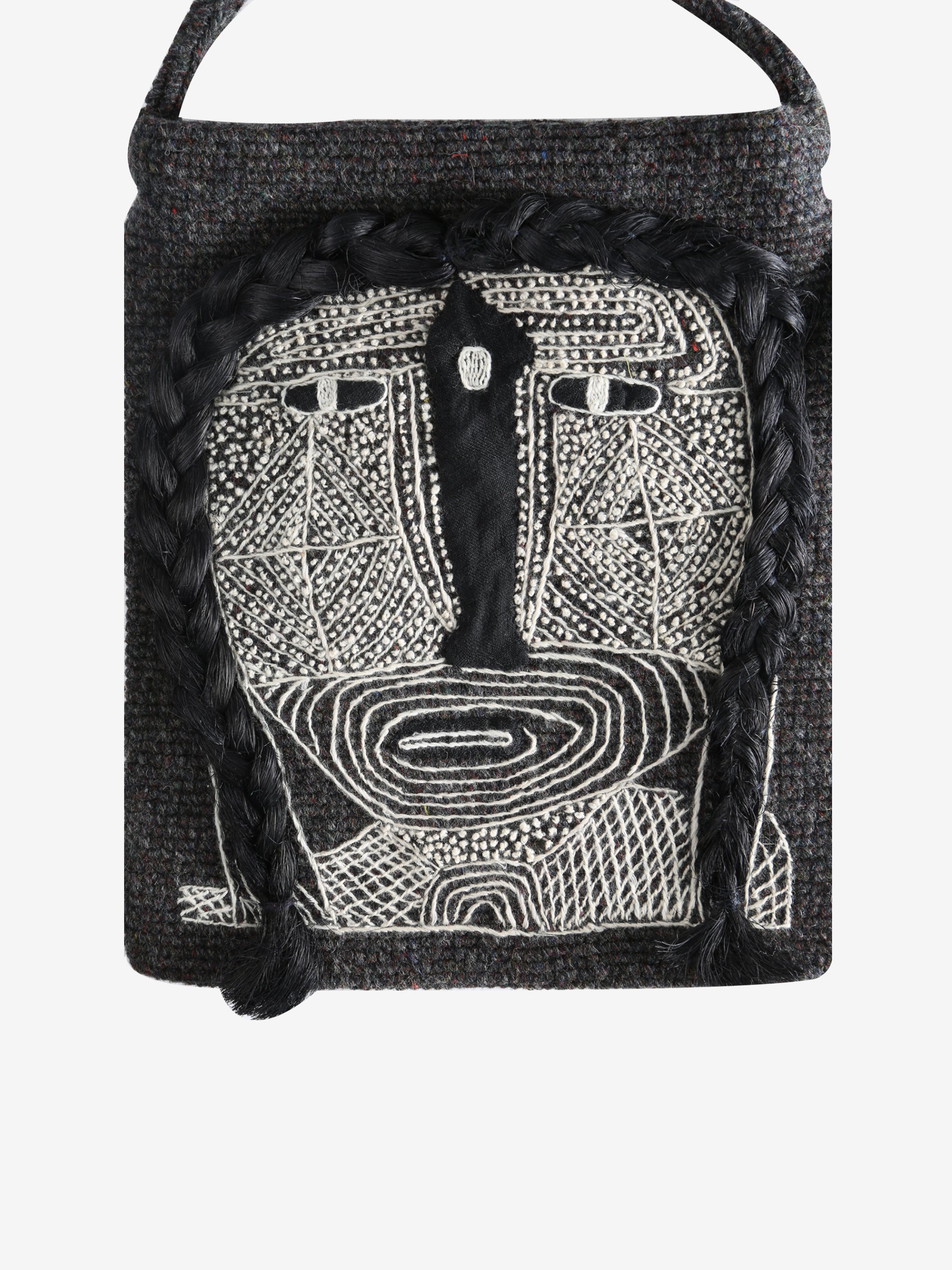 Close up of black bag,showing texture of the wool fabric