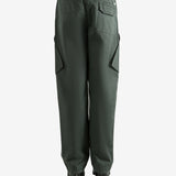 Green pants worn by a person, showing the pants fit