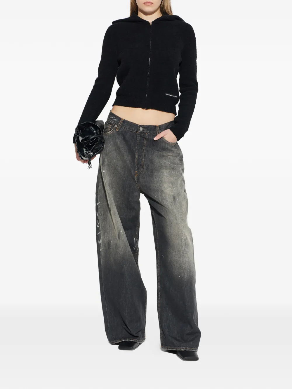 black hoodie, full body view