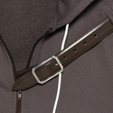 Close up of brown hoodie, showing the detial of the collar belt