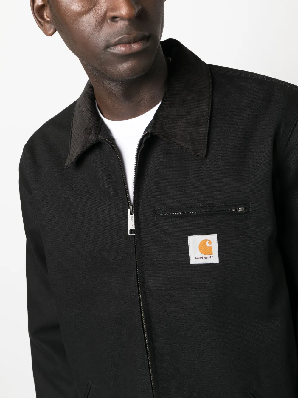 Close up of black jacket,showing texture of the cotton fabric.