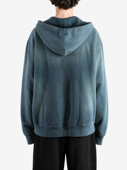 Navy hoodie, full body view