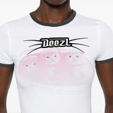 Close up of the white t-shirt, showing texture of the cotton fabric