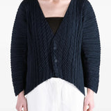 Navy knitwear worn by a person, showing the knitwear fit