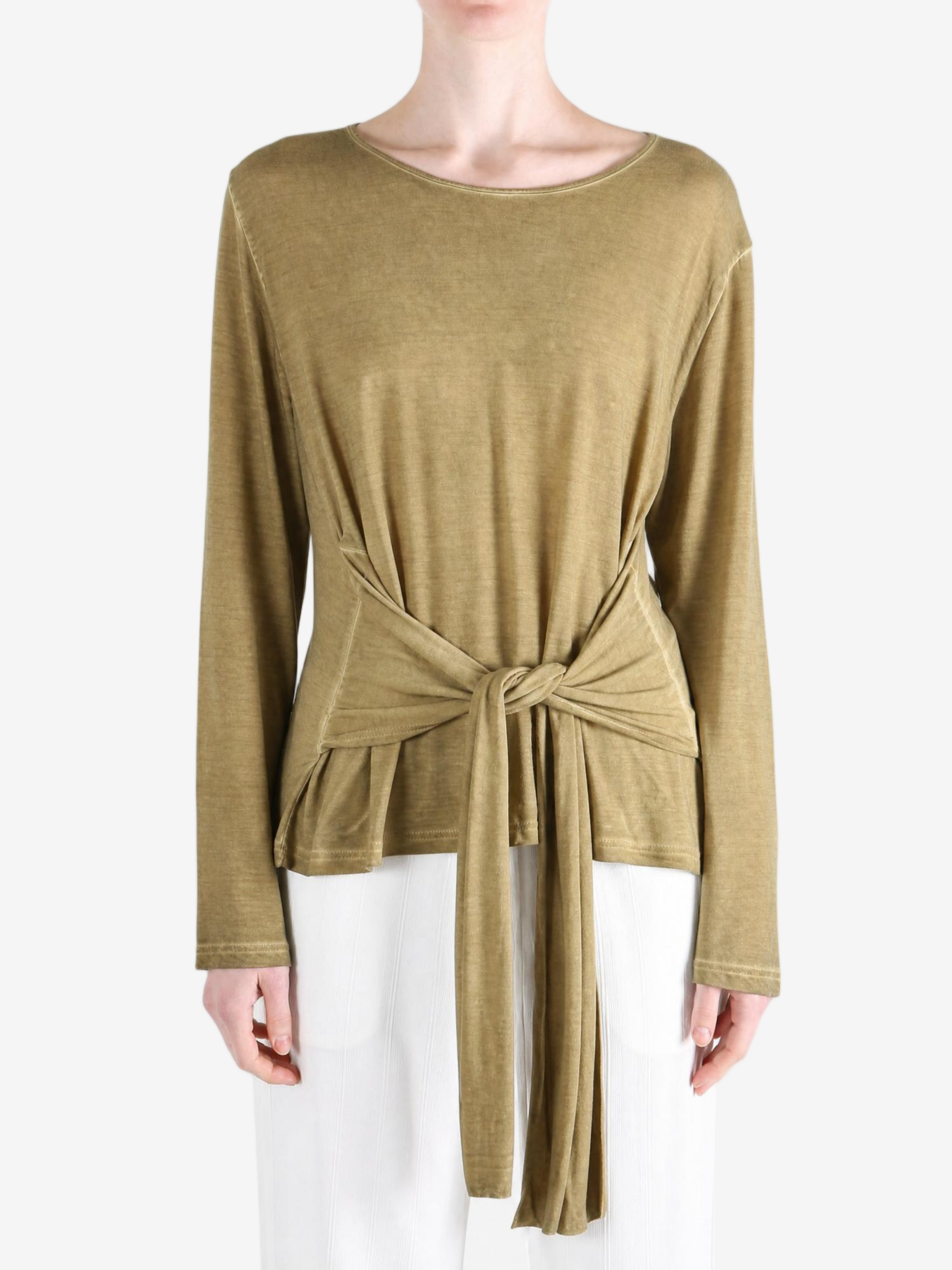 Tan top worn by a person, showing the top fit