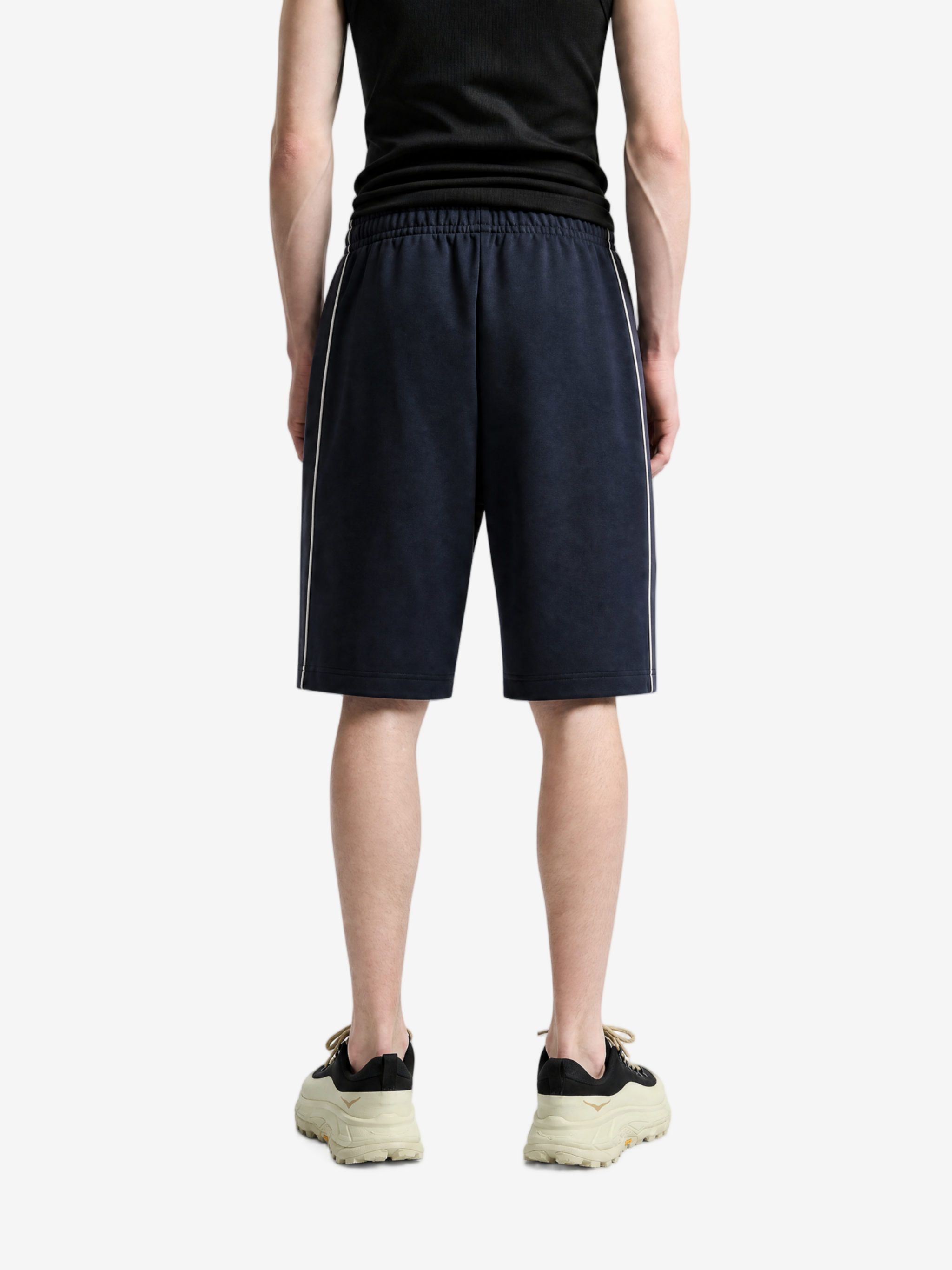 Navy shorts, full body view