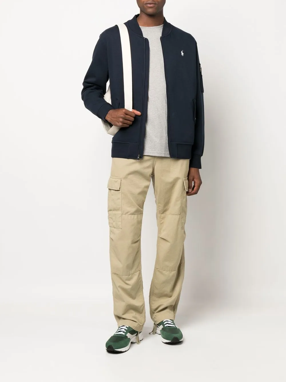Navy jacket worn by a person, showing the jacket's fit