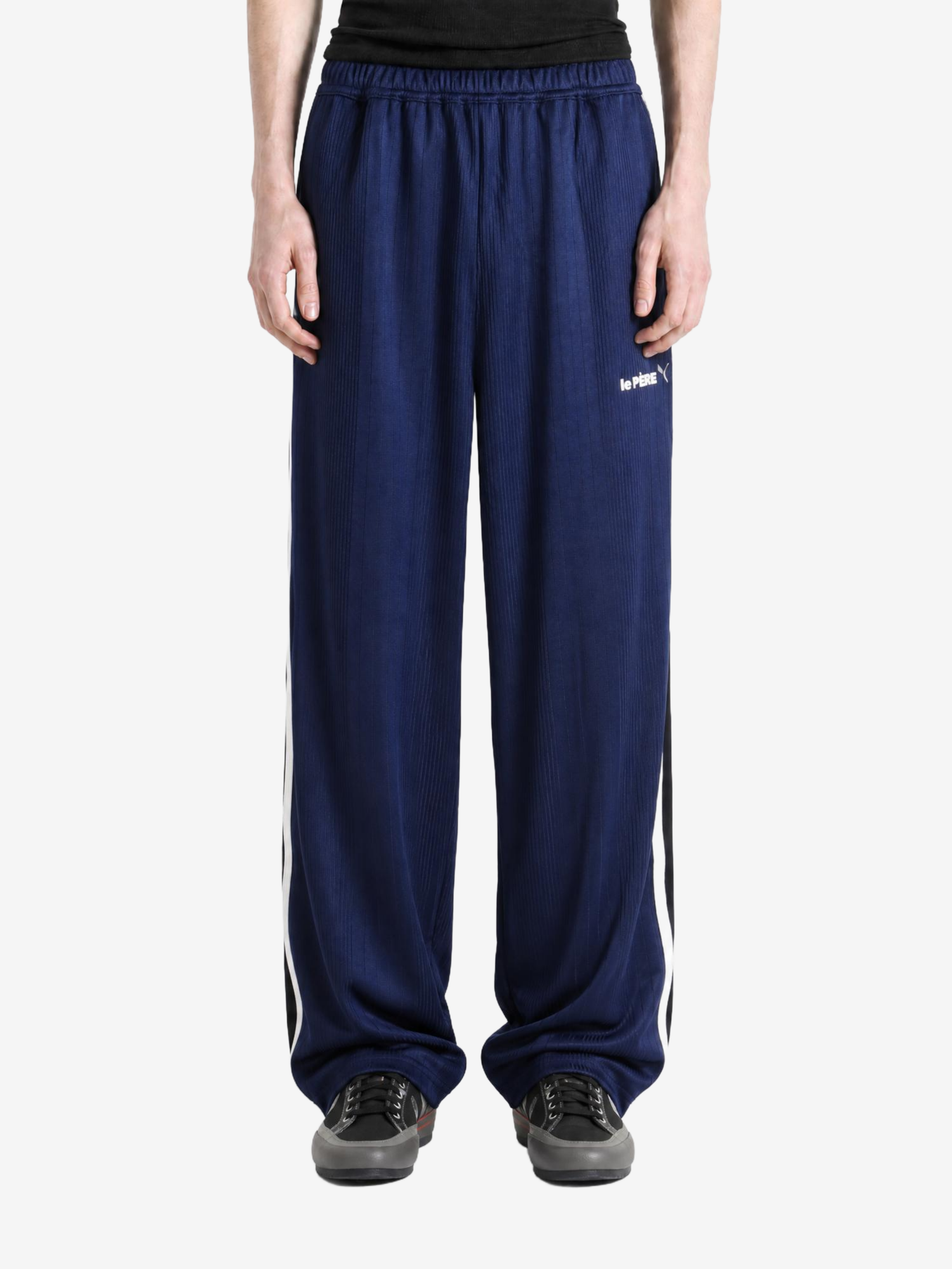 Navy pants, full body view