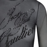 Close up of black top, showing texture of the polyamide fabric