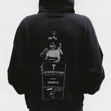 Black hoodies worn by a person, showing the hoodies fit