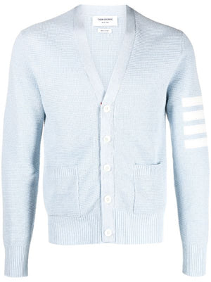 THOM BROWNE Men Textured Stitch Relaxed Fit V Neck Cardigan In Linen Cotton Blend W/4 Bar Stripes Intarsia