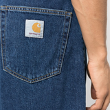 Close up of blue shorts, showing texture of the cotton fabric