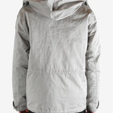 Grey jacket worn by a person, showing the jacket's fit