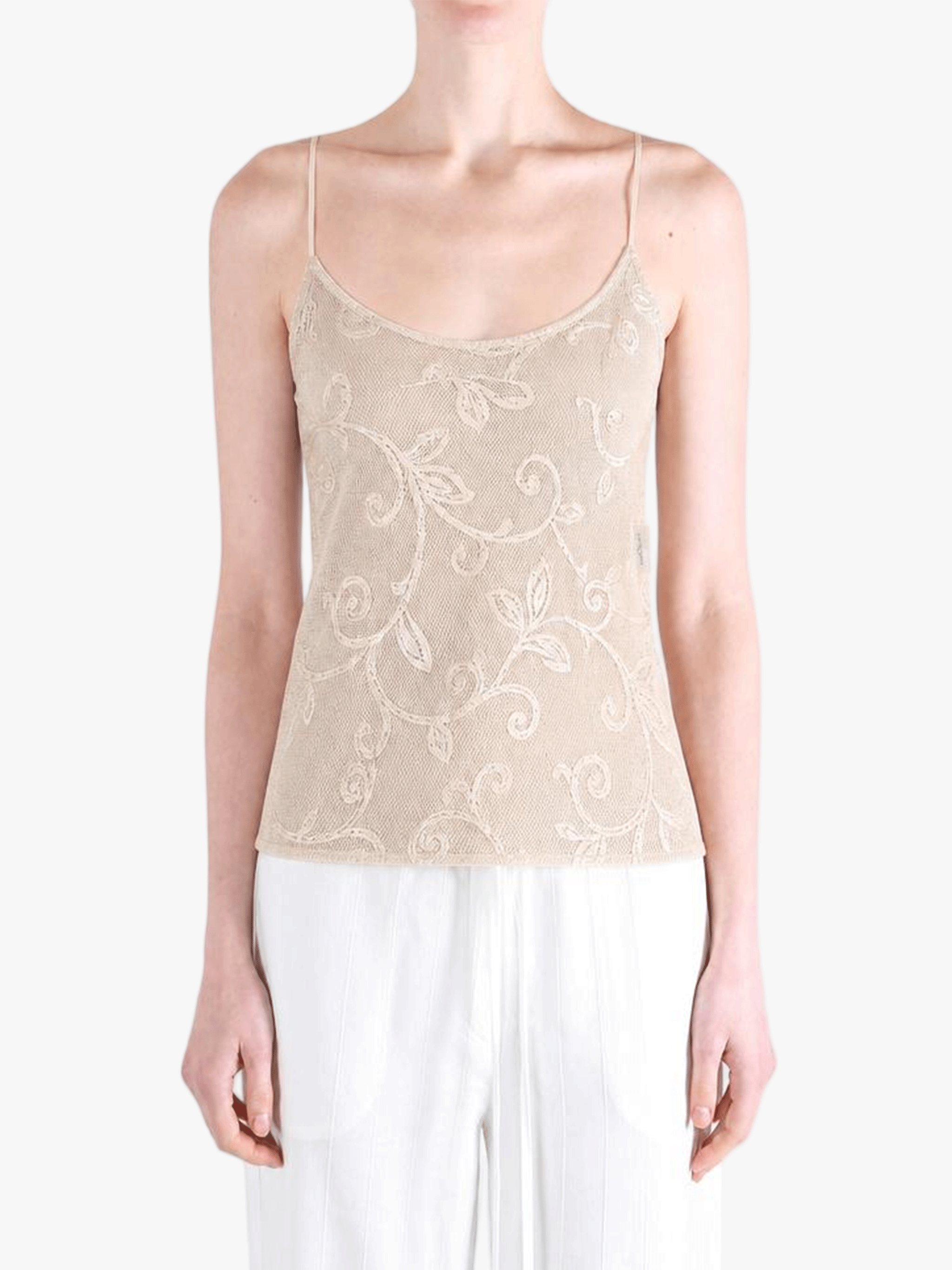 Tan top worn by a person, showing the top fit
