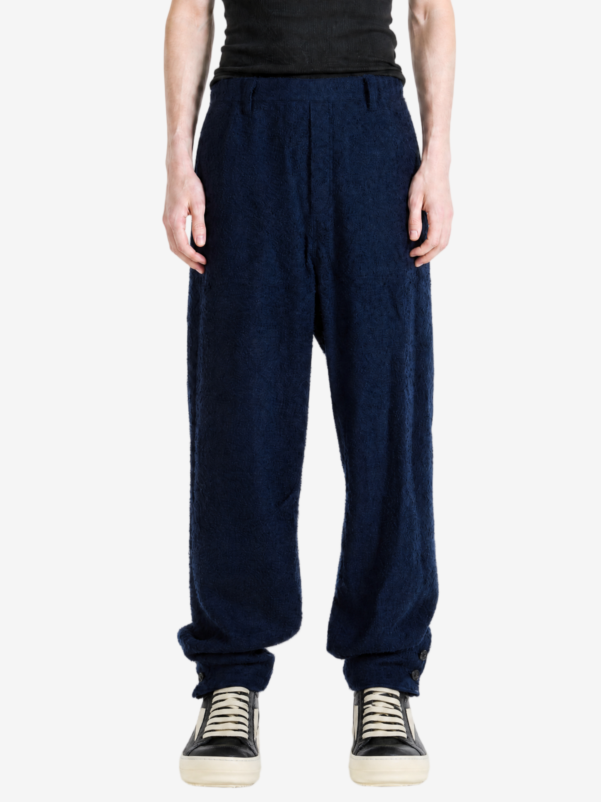 Navy pants, full body view