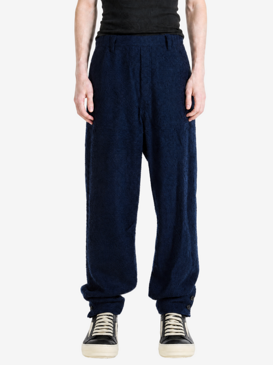 Navy pants, full body view