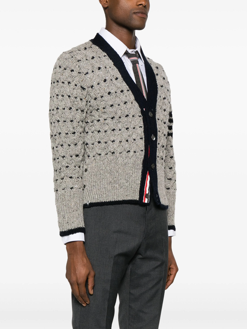 THOM BROWNE Men All Over Cable Stitch Classic V Neck Cardigan In Donegal W/4 Bar Stripes