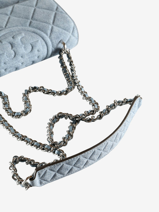 Close up of the blue bag, showing texture of the cotton fabric