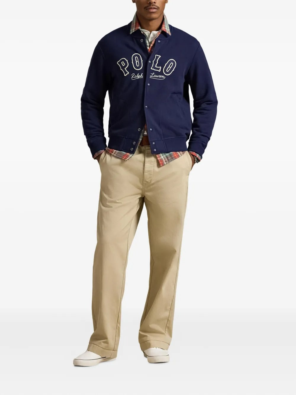Navy jacket, full body view