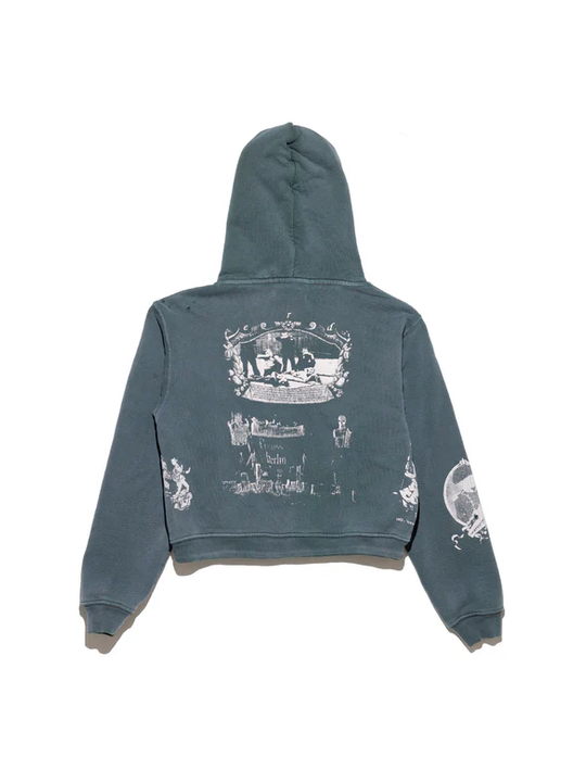 green hoodie, back view