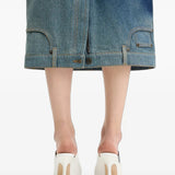 Blue skirt, full body view